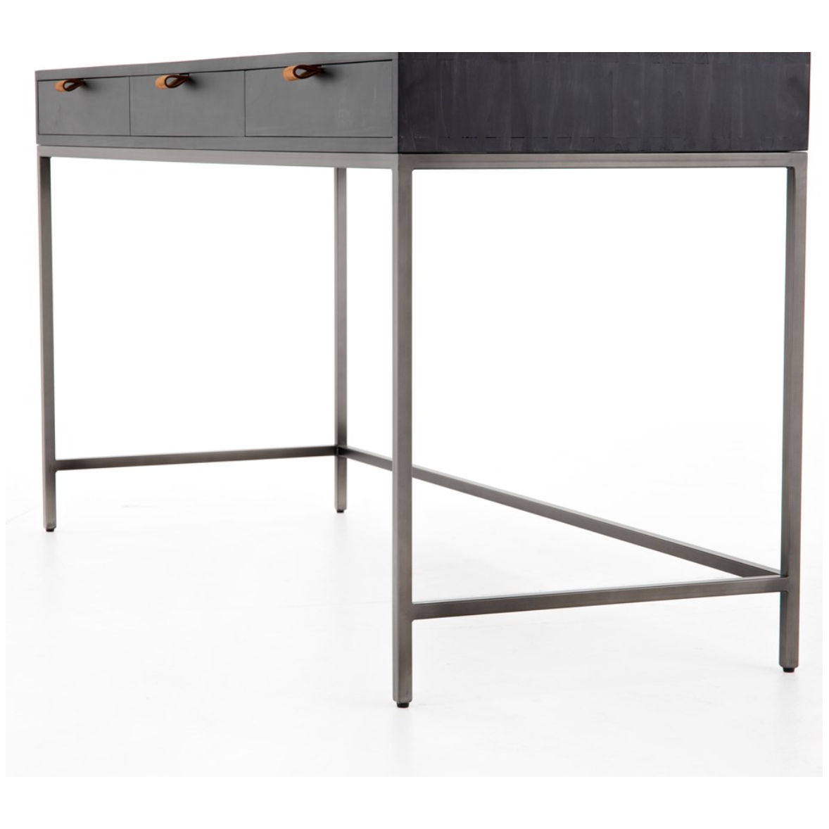 Featuring Trey Modular Writing Desk - Black Wash Poplar by Four Hands at Amethyst Home. The Trey Black Wash Poplar Modular Writing Desk sleek and simple, black-finished poplar offers plenty of desk storage by way of three spacious drawers. Metal-secured pulls of top-grain leather add a textural element of surprise. Great solo or paired with matching c.  Amethyst Home provides interior design, new home construction design consulting, vintage area rugs, and lighting in the Salt Lake City metro area.