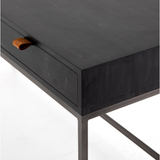 Featuring Trey Modular Writing Desk - Black Wash Poplar by Four Hands at Amethyst Home. The Trey Black Wash Poplar Modular Writing Desk sleek and simple, black-finished poplar offers plenty of desk storage by way of three spacious drawers. Metal-secured pulls of top-grain leather add a textural element of surprise. Great solo or paired with matching corner des.  Amethyst Home provides interior design, new home construction design consulting, vintage area rugs, and lighting in the Omaha metro area.