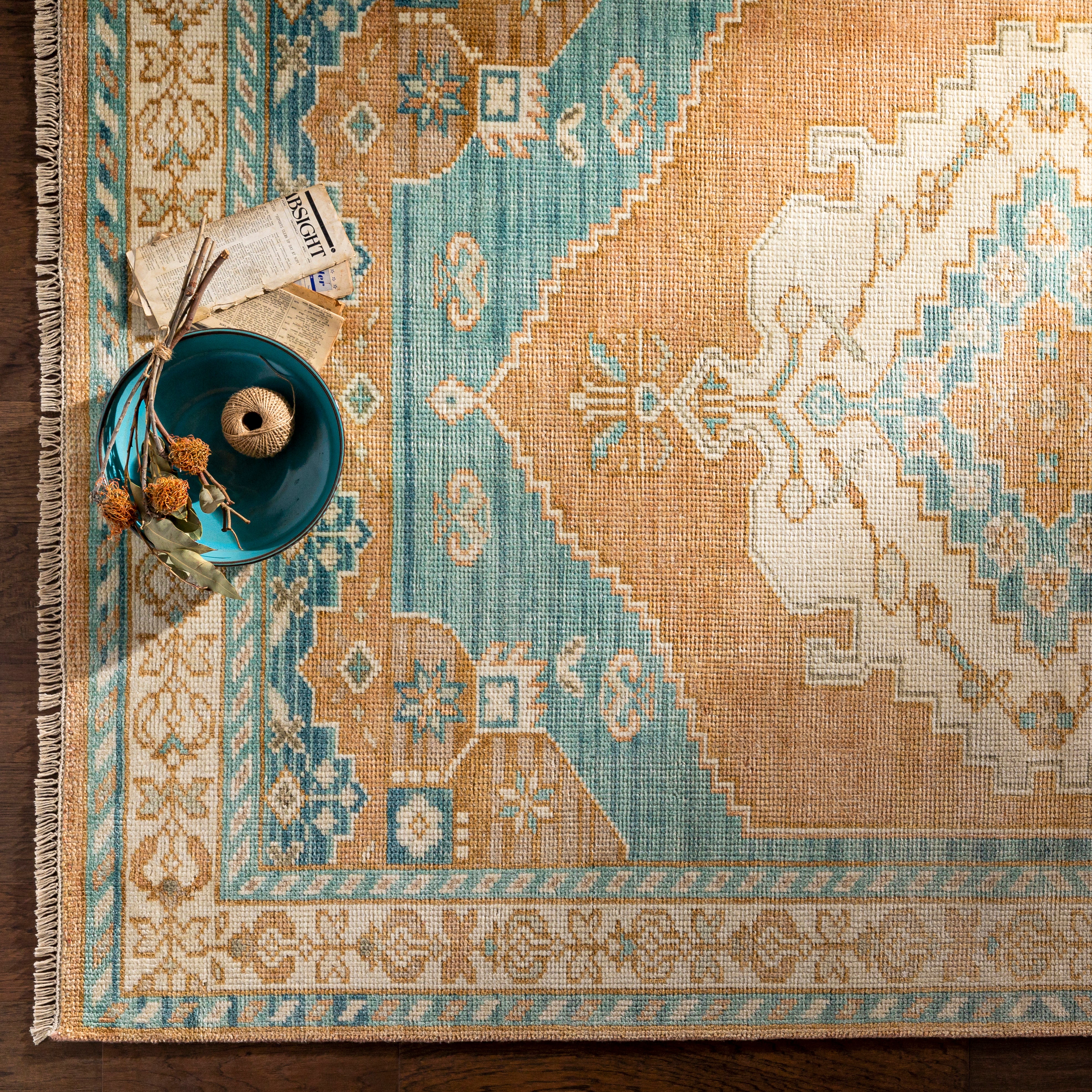 Featuring Anadolu Ocean / Rust Hand-Knotted Rug by Surya at Amethyst Home. The Anadolu Rug Collection showcases traditional inspired designs that exemplify timeless styles of elegance, comfort, and sophistication. With their hand knotted construction, these rugs provide a durability that can not be found in other handmade constructions, and boasts the ability .  Amethyst Home provides interior design, new home construction design consulting, vintage area rugs, and lighting in the Tampa metro area.
