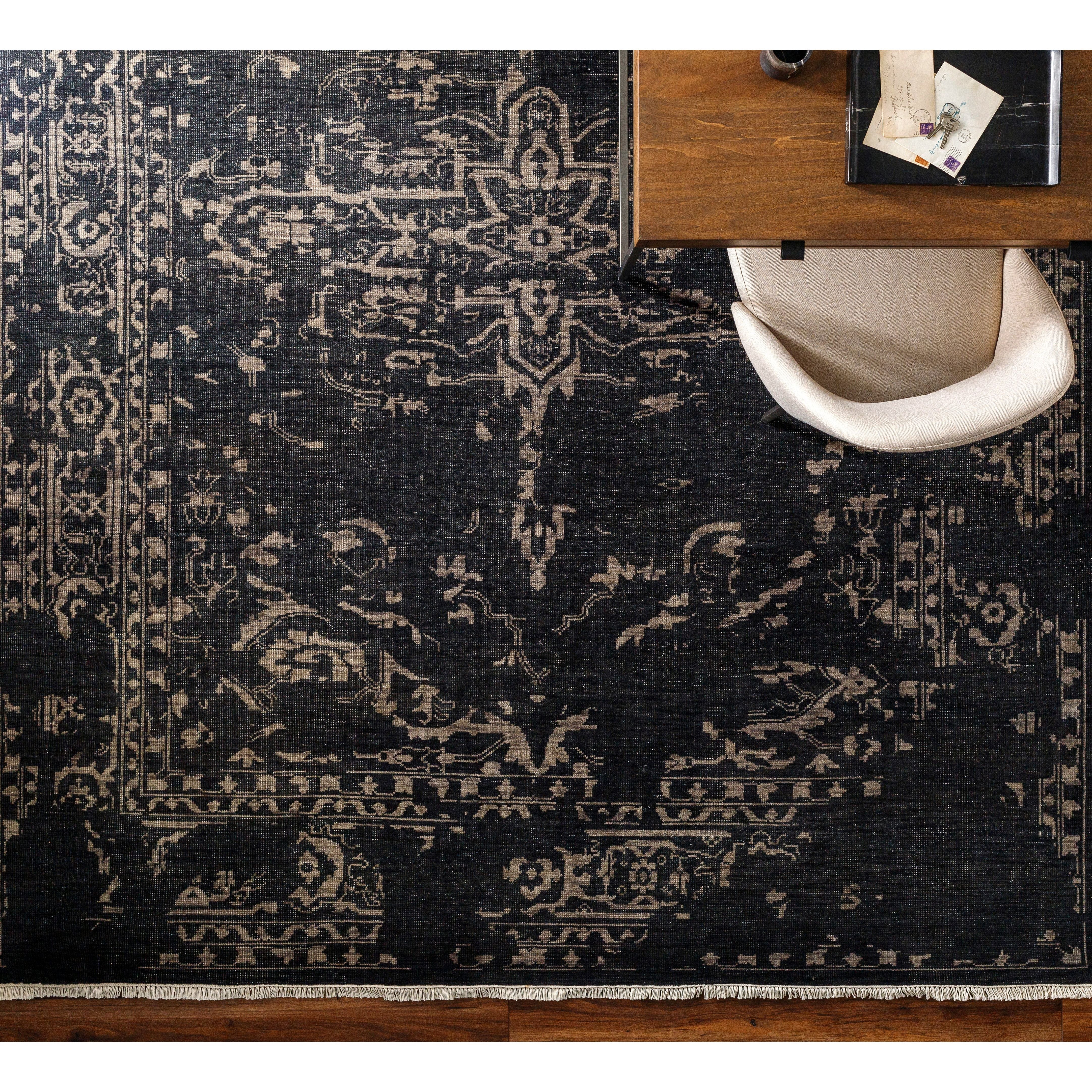 Featuring Festival Dark Charcoal Hand-Knotted Rug by Surya at Amethyst Home. The Festival Collection showcases traditional inspired designs that exemplify timeless styles of elegance, comfort, and sophistication. With their hand knotted construction, these rugs provide a durability that can not be found in other handmade constructions, and boasts the ability .  Amethyst Home provides interior design, new home construction design consulting, vintage area rugs, and lighting in the Austin metro area.