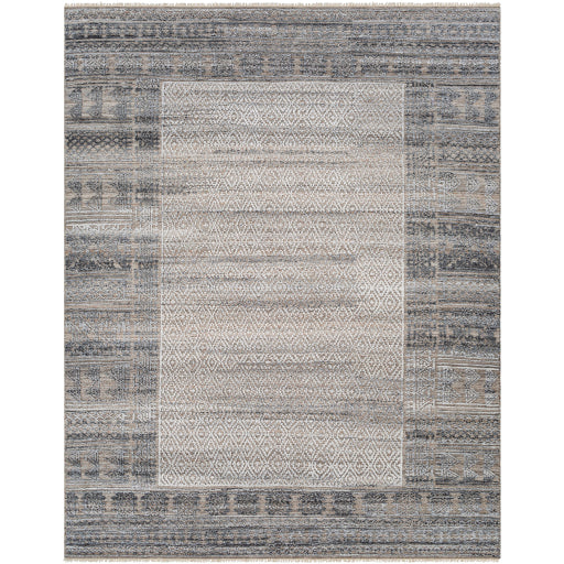 Featuring Pompei Silver / Charcoal Hand-Knotted Rug by Surya at Amethyst Home. Add a touch of rustic elegance to your home with the Pompei Collection. With their hand knotted construction, these rugs provide a durability that can not be found in other handmade constructions, and boasts the ability to be thoroughly cleaned as it contains no chemicals that rea.  Amethyst Home provides interior design, new home construction design consulting, vintage area rugs, and lighting in the Seattle metro area.