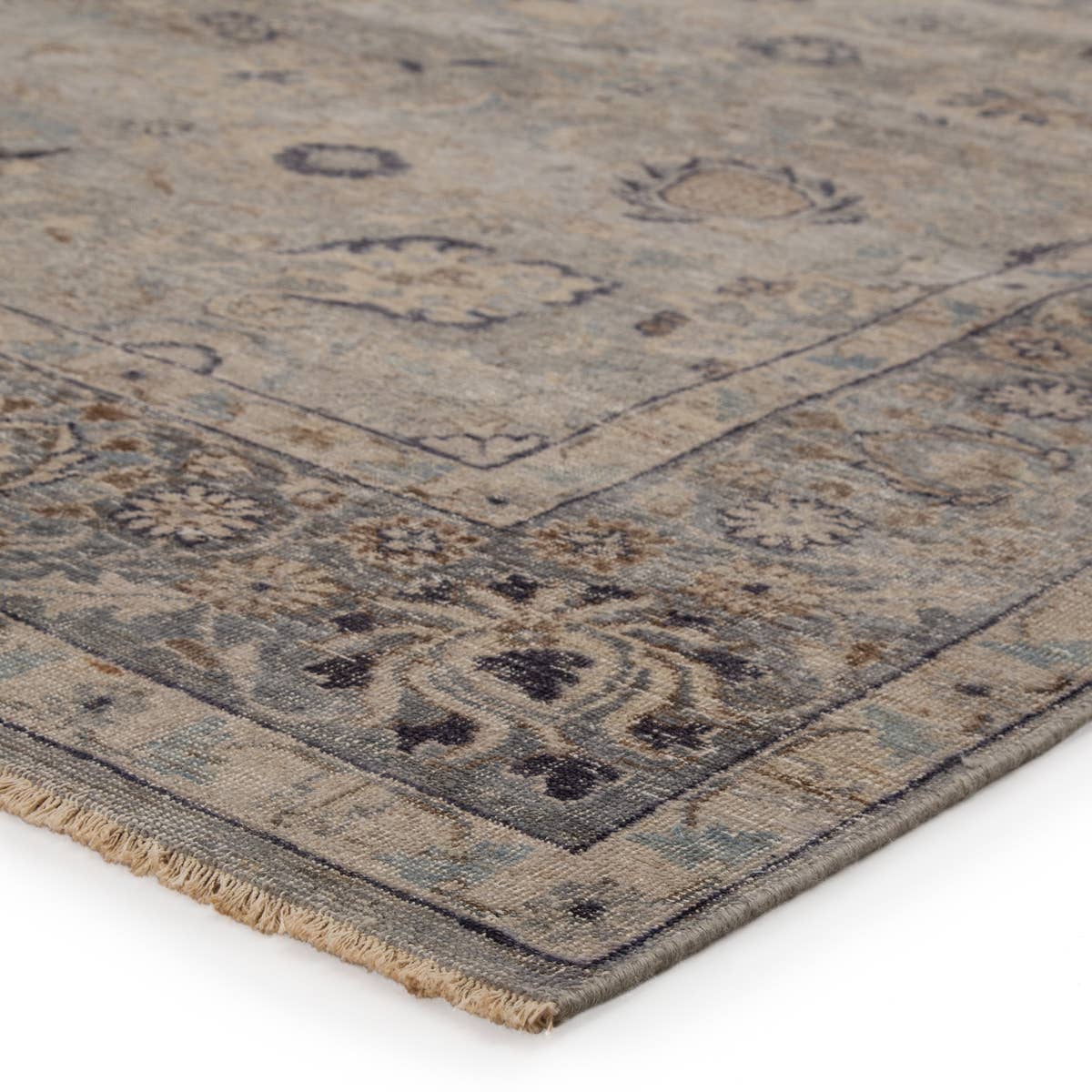 Featuring Tierzah Sahlest Hand-Knotted Rug by Jaipur Living at Amethyst Home. The vintage-inspired Tierzah Sahlest Area Rug features an antiqued wash and intricate traditional designs. The Sahlest wool rug boasts a Persian knot construction and tonal gray, beige, and charcoal palette that grounds any space. This artisan-made rug features fringe trimmed det.  Amethyst Home provides interior design, new home construction design consulting, vintage area rugs, and lighting in the Nashville metro area.