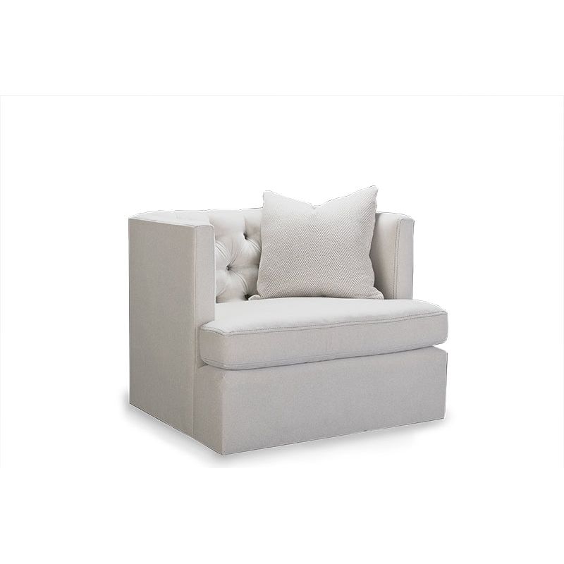 Verellen's Marilyn Sofa Family is bench-crafted in their North Carolina atelier, and features:  foam down seat construction loose boxed style seat cushion diamond tufted inside back with fabric covered ball buttons optional without tufting large and small knife edge toss pillows double needle stitch detail 4″ H conical leg