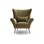 A timeless Verellen classic -- the Paola chair is the perfect hug. The walnut base and hand-hammered iron legs, its sophistication and uniqueness makes it unforgettable.  This chair comes standard with:   foam/down wrap tight seat construction tight back exposed wood detail base hand hammered solid metal legs knife edge kidney pillow double needle stitch detail