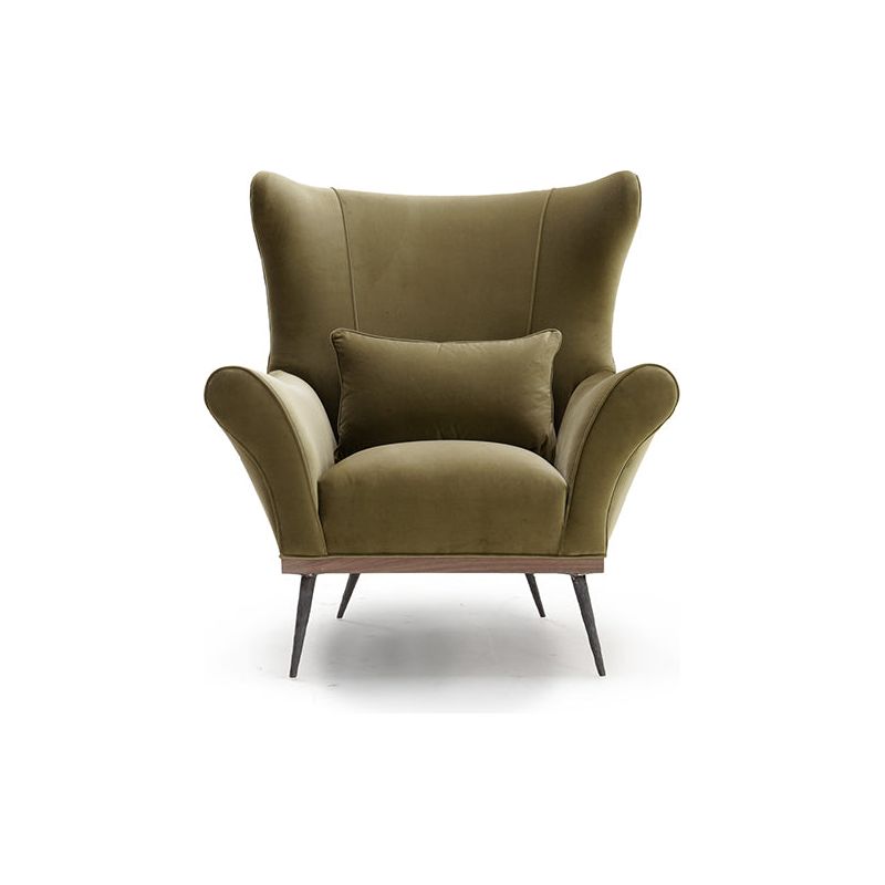 A timeless Verellen classic -- the Paola chair is the perfect hug. The walnut base and hand-hammered iron legs, its sophistication and uniqueness makes it unforgettable.  This chair comes standard with:   foam/down wrap tight seat construction tight back exposed wood detail base hand hammered solid metal legs knife edge kidney pillow double needle stitch detail