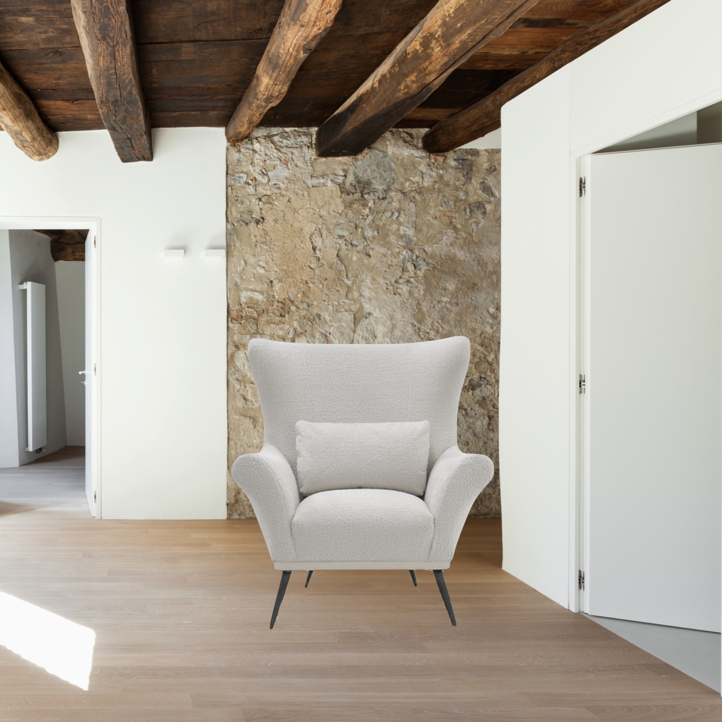 A timeless Verellen classic -- the Paola chair is the perfect hug. The walnut base and hand-hammered iron legs, its sophistication and uniqueness makes it unforgettable.  This chair comes standard with:   foam/down wrap tight seat construction tight back exposed wood detail base hand hammered solid metal legs knife edge kidney pillow double needle stitch detail