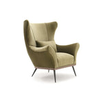 A timeless Verellen classic -- the Paola chair is the perfect hug. The walnut base and hand-hammered iron legs, its sophistication and uniqueness makes it unforgettable.  This chair comes standard with:   foam/down wrap tight seat construction tight back exposed wood detail base hand hammered solid metal legs knife edge kidney pillow double needle stitch detail