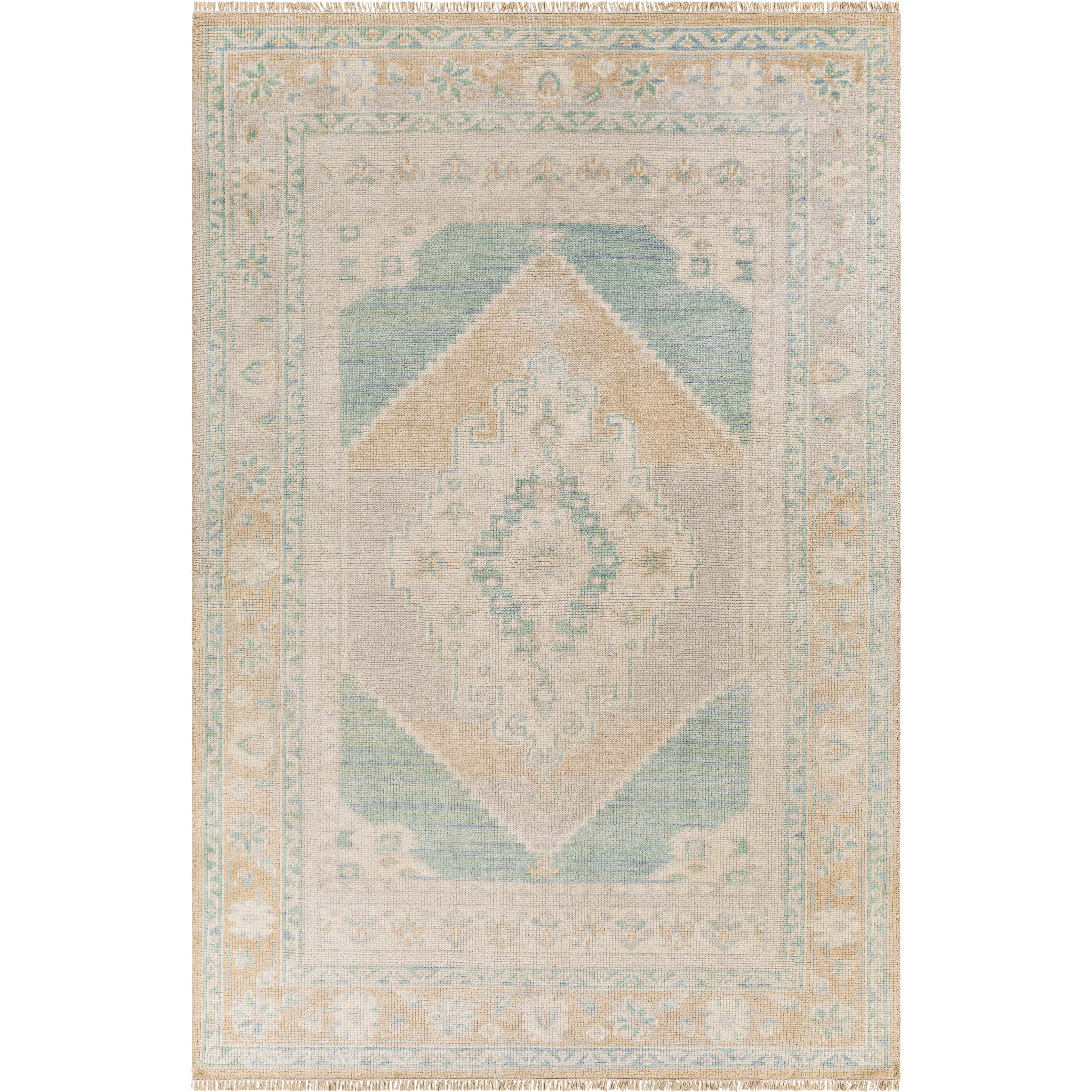 Featuring Anadolu Taupe / Sage Hand-Knotted Rug by Surya at Amethyst Home. The Anadolu Rug Collection showcases traditional inspired designs that exemplify timeless styles of elegance, comfort, and sophistication. With their hand knotted construction, these rugs provide a durability that can not be found in other handmade constructions, and boasts the abilit.  Amethyst Home provides interior design, new home construction design consulting, vintage area rugs, and lighting in the Houston metro area.