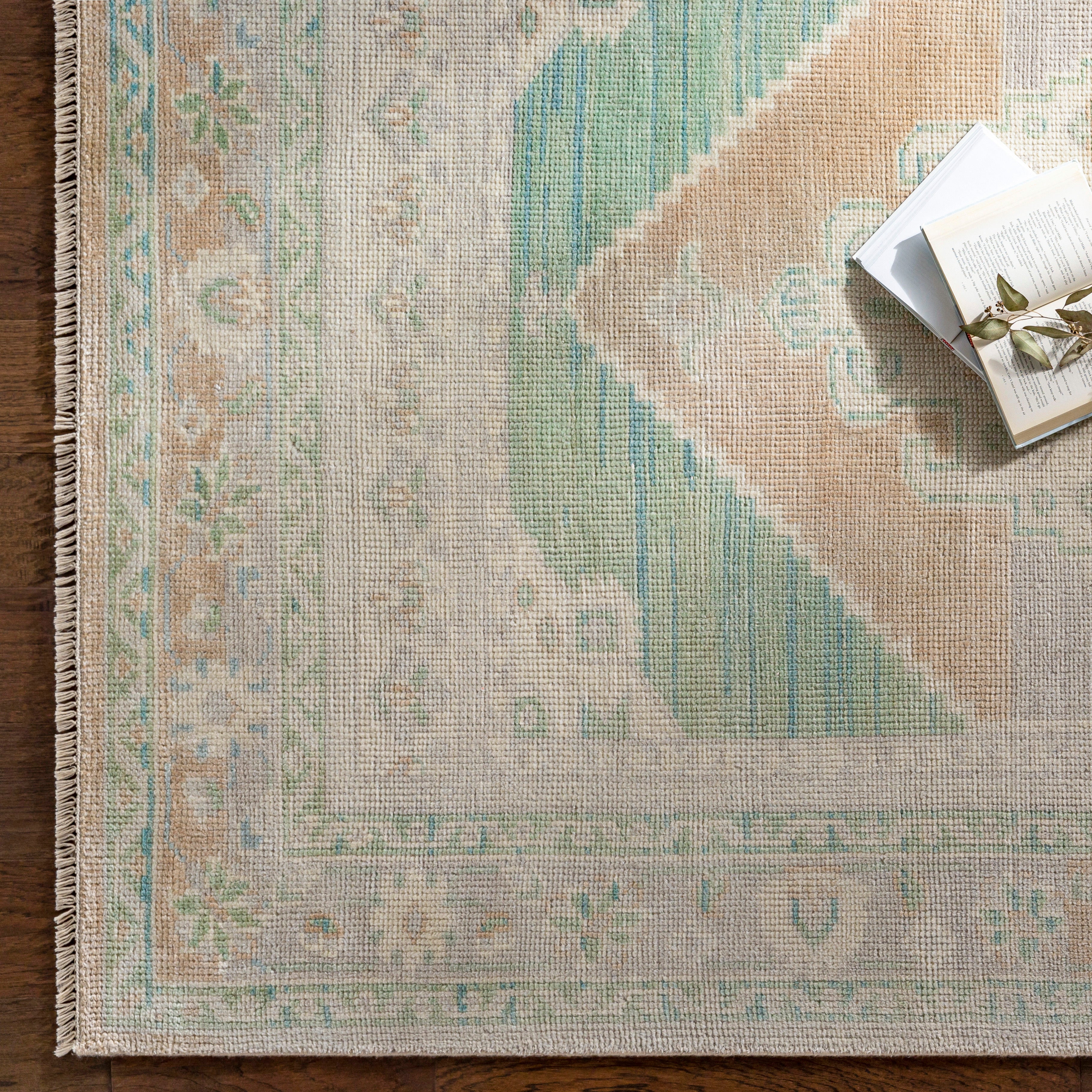 Featuring Anadolu Taupe / Sage Hand-Knotted Rug by Surya at Amethyst Home. The Anadolu Rug Collection showcases traditional inspired designs that exemplify timeless styles of elegance, comfort, and sophistication. With their hand knotted construction, these rugs provide a durability that can not be found in other handmade constructions, and boasts the ability.  Amethyst Home provides interior design, new home construction design consulting, vintage area rugs, and lighting in the Austin metro area.
