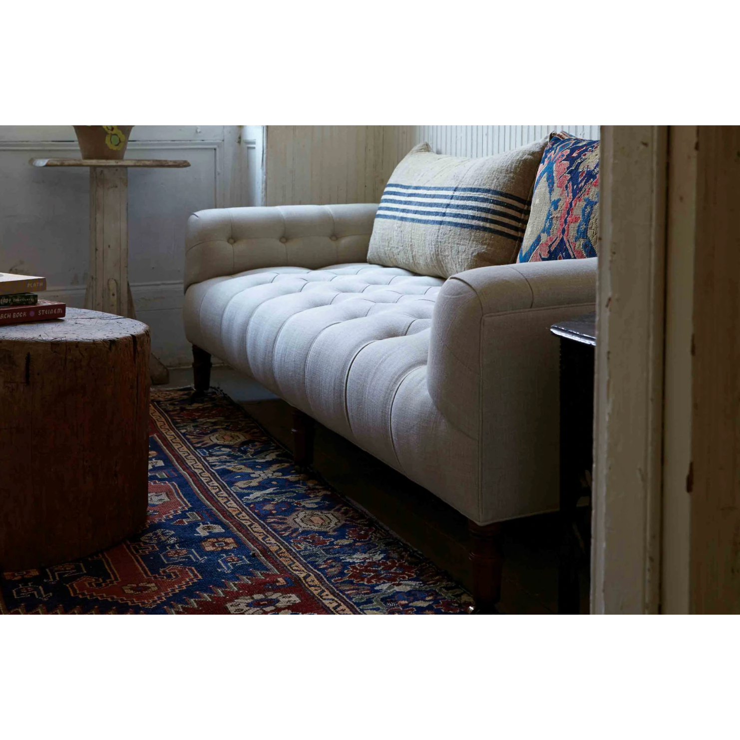 Featuring JD Field Bench No Back - Upholstered by Cisco Brothers at Amethyst Home. This JD Field Bench Upholstered is a glorious, tufted field bench on casters with leaps of old world meets modern style! A design collaboration between Cisco Home x John Derian.
Overall: 72"W x 22"H x 27"DSitting Space: 58"W x 27"DSeat Height: 16"hArm Height: 22"hWeight: 85l. Amethyst Home provides interior design, new home construction design consulting, vintage area rugs, and lighting in the Boston metro area.