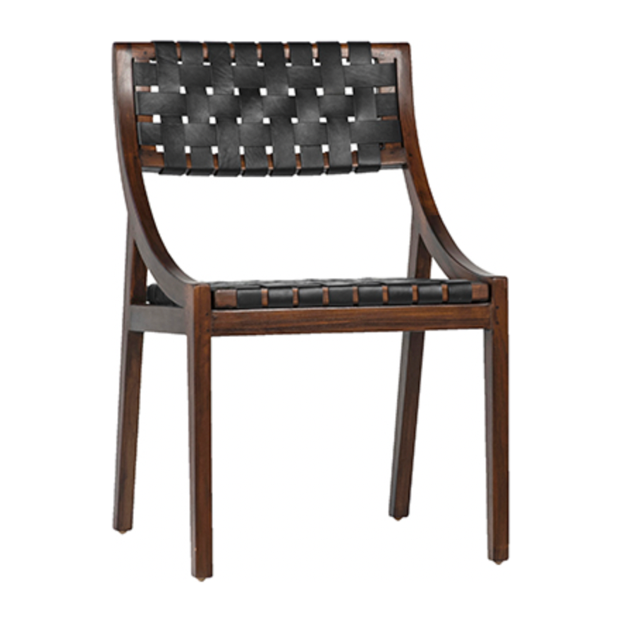 Featuring Camila Dining Chair by Dovetail at Amethyst Home. The details are simply amazing on this Camila Dining Chair. Add extra seating with a side chair that's as much a masterpiece of design as it is comfortable. 
Teak Frame with Full Grain Leather Weaving
Frame in Medium Brown and Black Leather
Size: 21"l x 17"d x 33"h.  Amethyst Home provides interior design, new home construction design consulting, vintage area rugs, and lighting in the Tampa metro area.