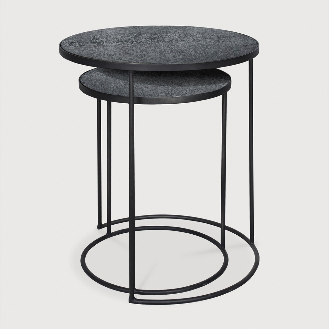Featuring Nesting Side Table Set - Charcoal by Ethnicraft at Amethyst Home. Featuring a heavy aged mirror surface, this Charcoal Nesting Side Table Set brings a unique look to any space. Place beside the sofa, sitting next to your bed, or as a complementary piece to a work of art, its adaptability offers many possibilities.
Dimensions: 22.5"w x 22.5"d x 27.  Amethyst Home provides interior design, new home construction design consulting, vintage area rugs, and lighting in the Park City metro area.