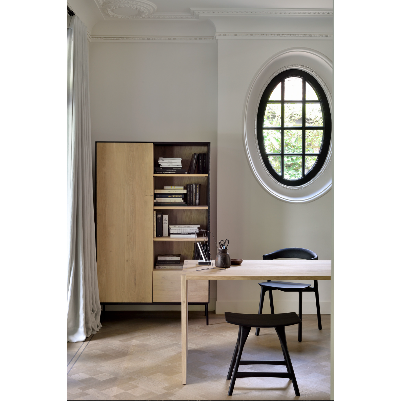 Featuring Oak Bok Dining Chair - Black by Ethnicraft at Amethyst Home. This Oak Bok Dining Chair features an airy shape with rock-solid construction,  making this piece a timeless and remarkable design to enjoy for years to come. Pair with a dining table or stand-alone against a wall, hallway, or end of the bed! Designed by Alain can Havre
Dimensions: 20"w x 2.  Amethyst Home provides interior design, new home construction design consulting, vintage area rugs, and lighting in the Omaha metro area.