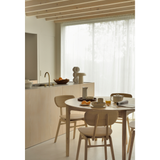 Featuring Oak Bok Round Extendable Dining Table by Ethnicraft at Amethyst Home. This Oak Bok Round Extendable Dining Table offers the perfect solution for adaptable dining within a smaller space. The iconic airy shape and solid construction make for a timeless design to enjoy for years to come.
Material: Oak, 100% Solid WoodFinish: Oiled
Dimensions: 51"w x.  Amethyst Home provides interior design, new home construction design consulting, vintage area rugs, and lighting in the Charlotte metro area.