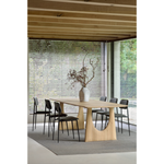 Featuring Oak Geometric Dining Table by Ethnicraft at Amethyst Home. With enriched shapes and unexpected details, this Oak Geometric Dining Table is a statement item. Luxury comes with its length, which is offset by softened edges and natural lines -- perfect for any dining room or workspace. 
Material: Oak, 100% Solid WoodFinish: Oiled
Dimensions: 98.5"w x 39.  Amethyst Home provides interior design, new home construction design consulting, vintage area rugs, and lighting in the Miami metro area.