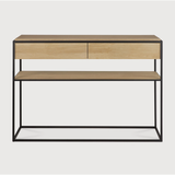 Featuring Oak Monolit Console Table by Ethnicraft at Amethyst Home. Balance and function come together in the Monolit console table. This simple, sleek table includes storage and we LOVE hidden storage! Dress up your living room or office with a piece that is both functional and stylish!
Dimensions: 48.5"w x 16"d x 33.5"h Weight: 77 lbs
Material: Oak, 100% so.  Amethyst Home provides interior design, new home construction design consulting, vintage area rugs, and lighting in the Boston metro area.