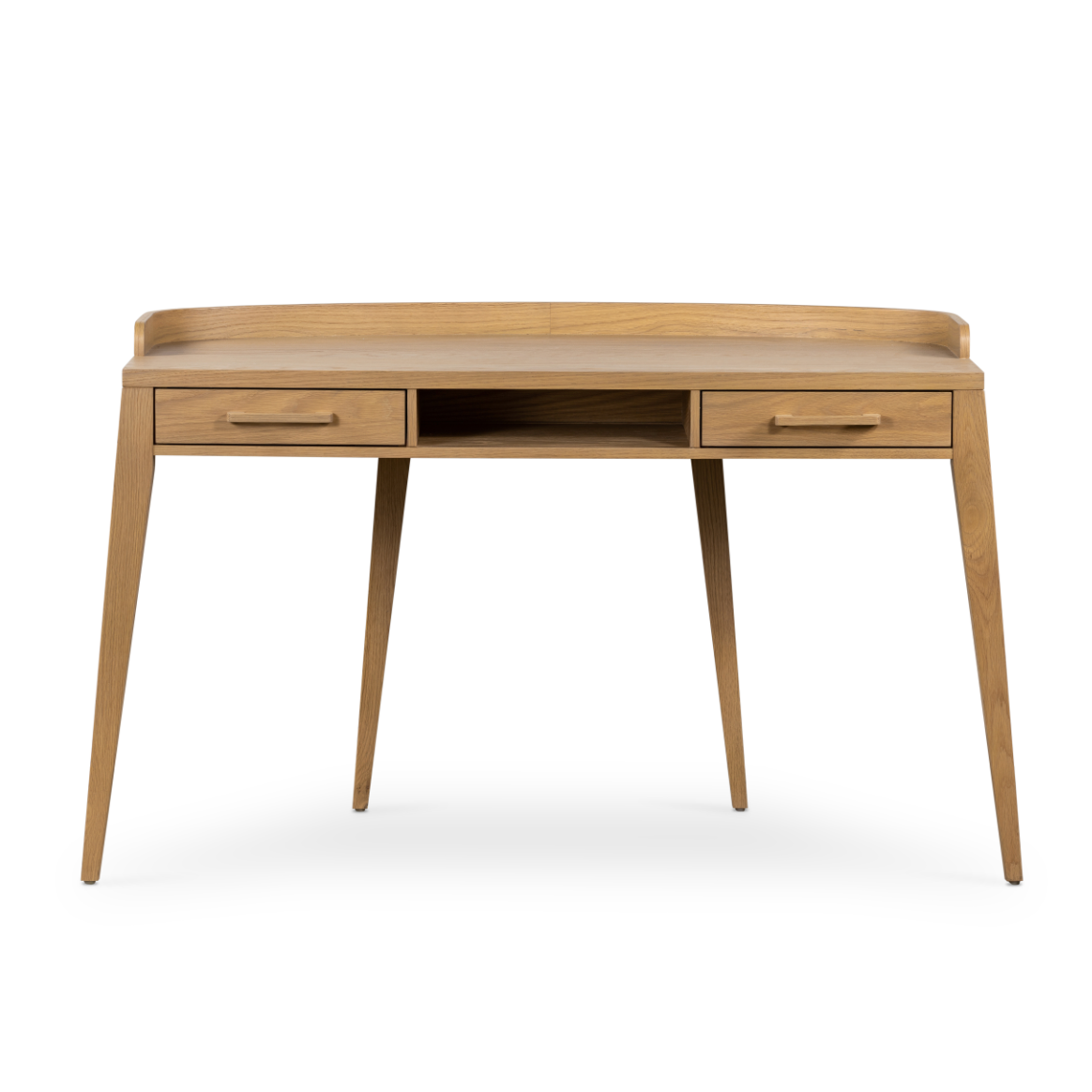 Featuring Armstrong Desk - Burnished Oak by Four Hands at Amethyst Home. With dramatically tapered legs and a slender silhouette, this Armstrong Desk - Burnished Oak is made of light-burnished oak and places a femme, functional twist on mid-century styling. Dual drawers plus an open center cubby for handy office supply storage.
Overall Dimensions: 55.50"W.  Amethyst Home provides interior design, new home construction design consulting, vintage area rugs, and lighting in the Washington metro area.