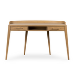 Featuring Armstrong Desk - Burnished Oak by Four Hands at Amethyst Home. With dramatically tapered legs and a slender silhouette, this Armstrong Desk - Burnished Oak is made of light-burnished oak and places a femme, functional twist on mid-century styling. Dual drawers plus an open center cubby for handy office supply storage.
Overall Dimensions: 55.50"W.  Amethyst Home provides interior design, new home construction design consulting, vintage area rugs, and lighting in the Washington metro area.