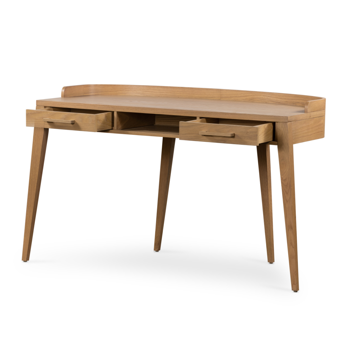 Featuring Armstrong Desk - Burnished Oak by Four Hands at Amethyst Home. With dramatically tapered legs and a slender silhouette, this Armstrong Desk - Burnished Oak is made of light-burnished oak and places a femme, functional twist on mid-century styling. Dual drawers plus an open center cubby for handy office supply storage.
Overall Dimensions: 55.50"W x .  Amethyst Home provides interior design, new home construction design consulting, vintage area rugs, and lighting in the Houston metro area.