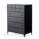 Featuring Belmont 8 Drawer Tall Dresser by Four Hands at Amethyst Home. Sleek and industrial-inspired, this Belmont 8 Drawer Tall Dresser has black iron that forms a tall, spacious eight-drawers dresser. The brass knobs bring a cool contrast to any bedroom. 
Overall Dimensions: 35.50"W x 19.75"L x 48"H
Colors: Black, Weathered BronzeMaterials: IronWeight: 249..  Amethyst Home provides interior design, new home construction design consulting, vintage area rugs, and lighting in the Tampa metro area.