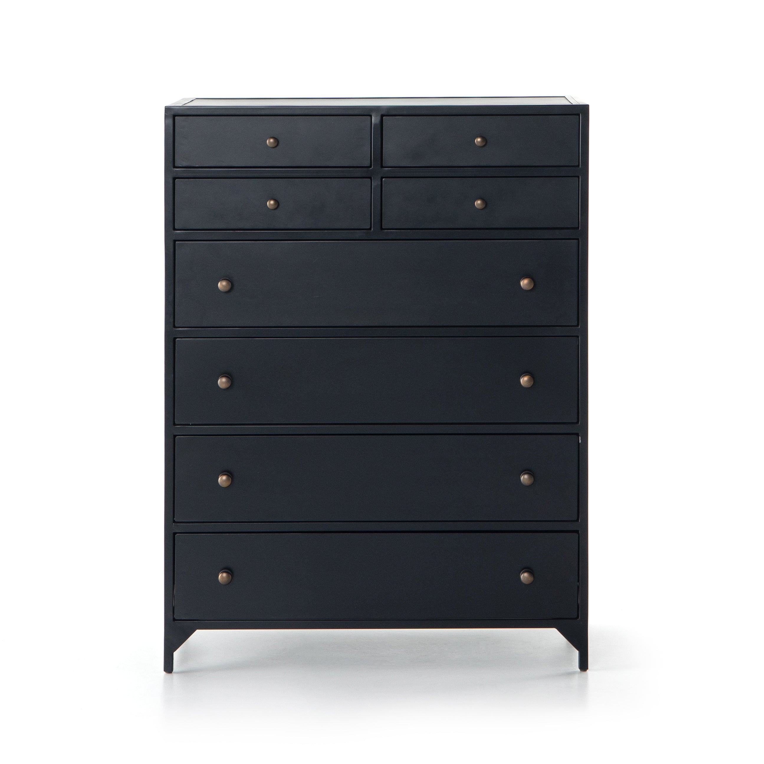 Featuring Belmont 8 Drawer Tall Dresser by Four Hands at Amethyst Home. Sleek and industrial-inspired, this Belmont 8 Drawer Tall Dresser has black iron that forms a tall, spacious eight-drawers dresser. The brass knobs bring a cool contrast to any bedroom. 
Overall Dimensions: 35.50"W x 19.75"L x 48"H
Colors: Black, Weathered BronzeMaterials: IronWeig.  Amethyst Home provides interior design, new home construction design consulting, vintage area rugs, and lighting in the Winter Garden metro area.