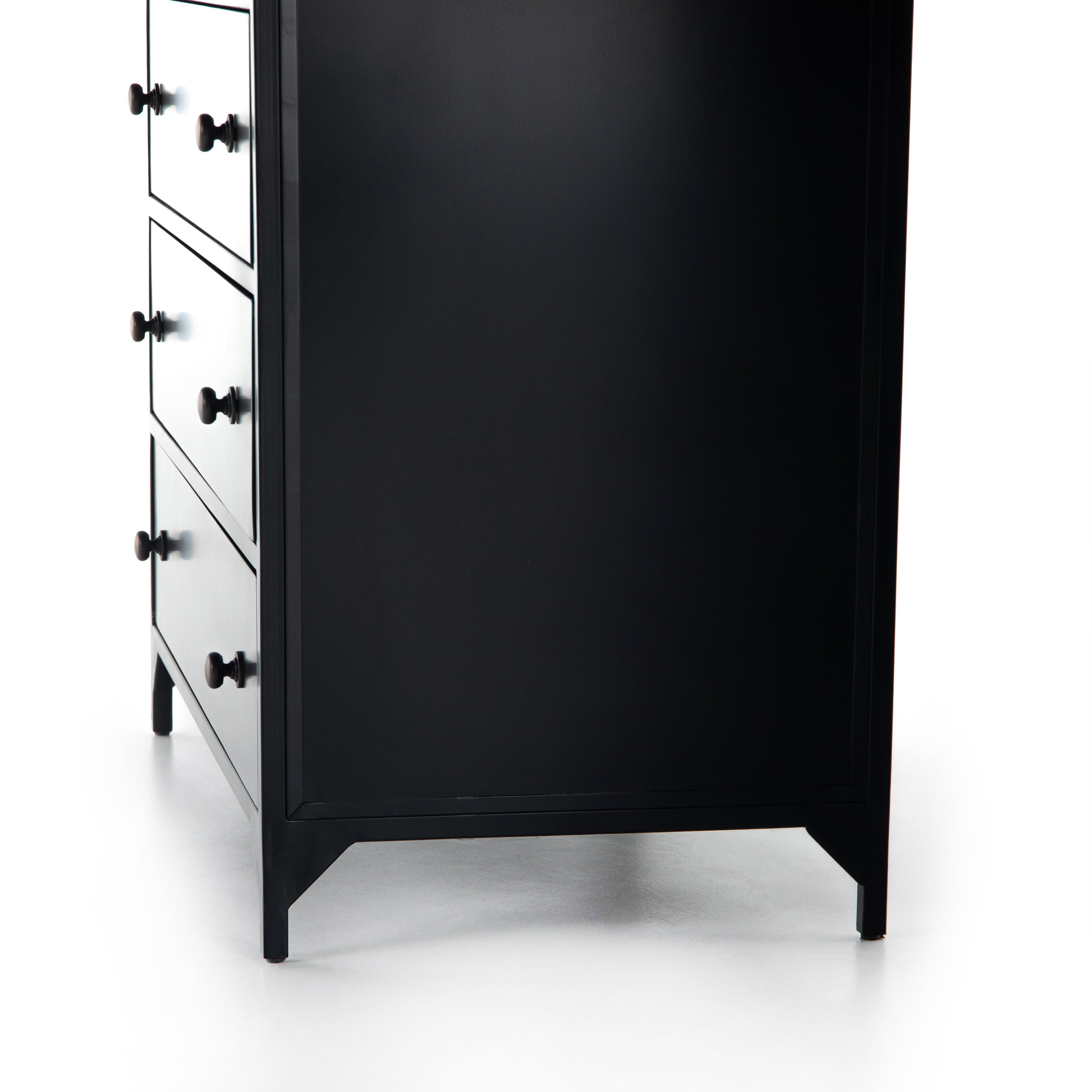 Featuring Belmont 8 Drawer Tall Dresser by Four Hands at Amethyst Home. Sleek and industrial-inspired, this Belmont 8 Drawer Tall Dresser has black iron that forms a tall, spacious eight-drawers dresser. The brass knobs bring a cool contrast to any bedroom. 
Overall Dimensions: 35.50"W x 19.75"L x 48"H
Colors: Black, Weathered BronzeMaterials: IronWeight: .  Amethyst Home provides interior design, new home construction design consulting, vintage area rugs, and lighting in the Calabasas metro area.