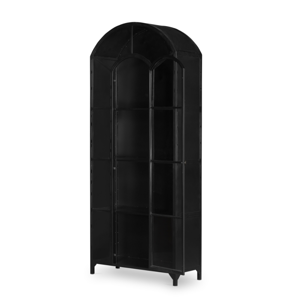 Featuring Belmont Black Iron Cabinet by Four Hands at Amethyst Home. Display barware, books, or other treasures in an arch-topped cabinet. Solid iron sheeting is finished in soft, matte black with contrasting brass hardware.
Overall Dimensions: 39.50"W x 15.75"L x 92.50"HColors: Black, Clear Glass, Weathered BronzeMaterials: Iron, GlassWeight: 229.94 lbV.  Amethyst Home provides interior design, new home construction design consulting, vintage area rugs, and lighting in the Los Angeles metro area.