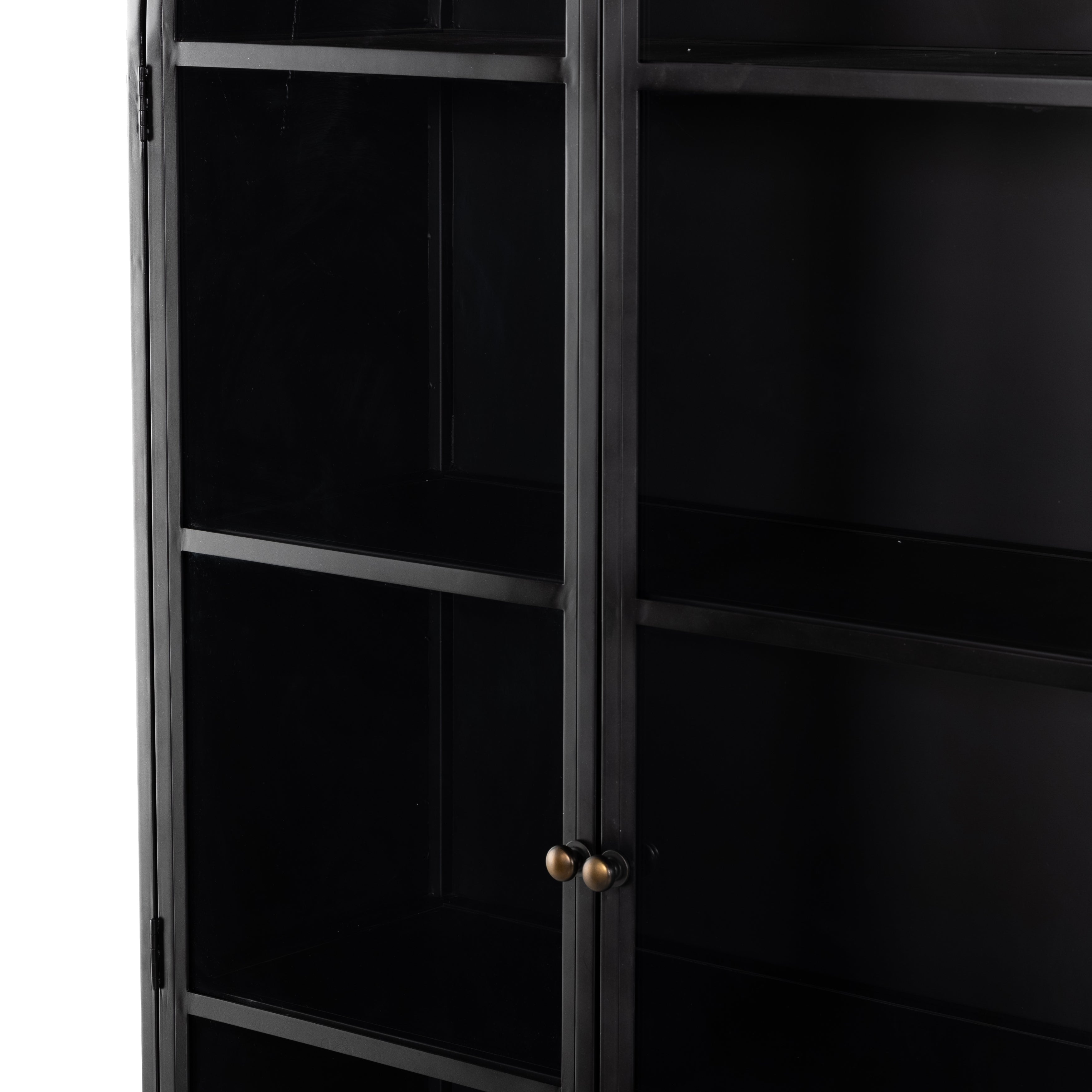 Store it in style with this Breya Cabinet - Black. Made from black-finished iron, beautifully arched cabinetry features glass-front doors, ideal for storing and displaying favorite books, photos, keepsakes, and more.  Overall Dimensions: 40.00"w x 16.25"d x 86.75"h