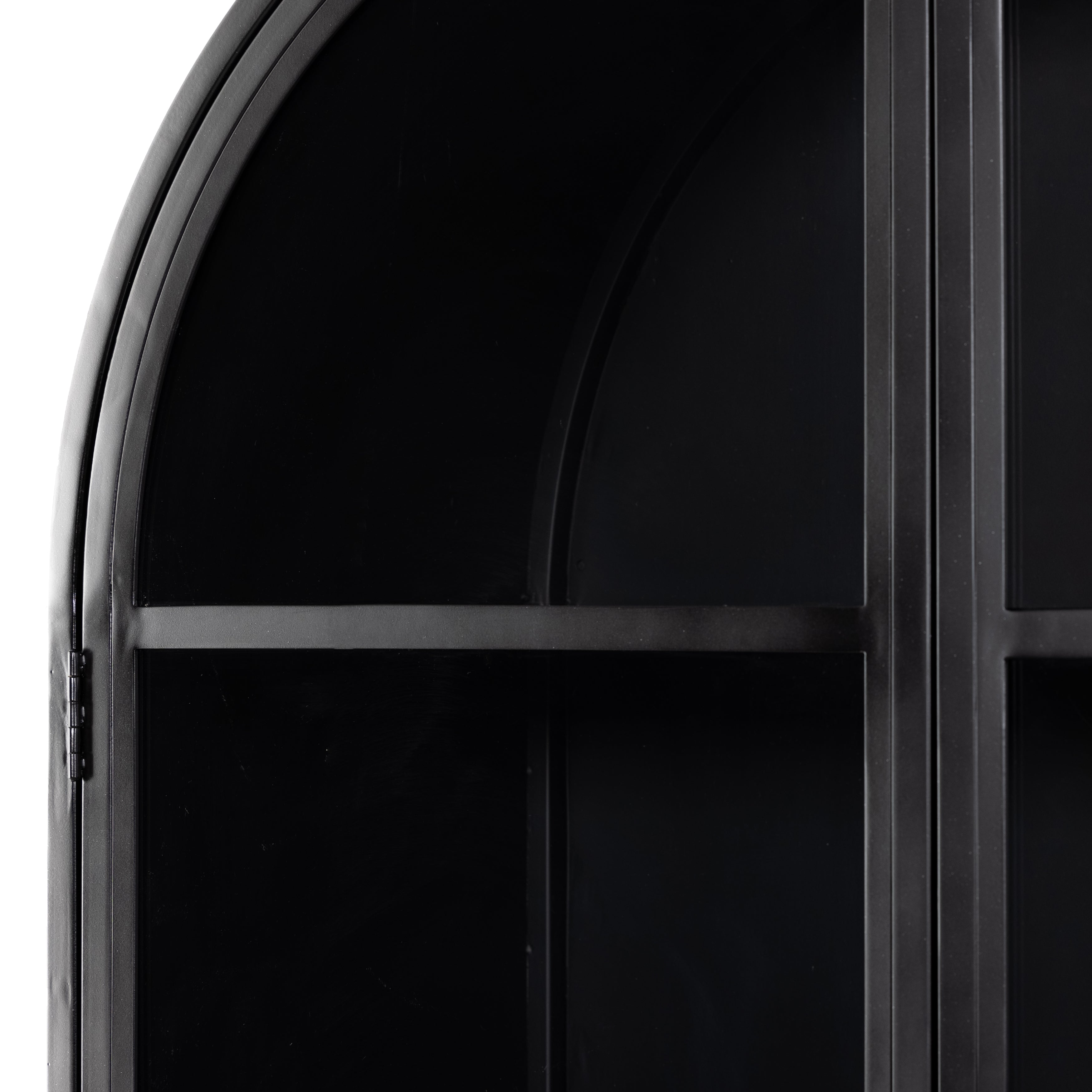 Store it in style with this Breya Cabinet - Black. Made from black-finished iron, beautifully arched cabinetry features glass-front doors, ideal for storing and displaying favorite books, photos, keepsakes, and more.  Overall Dimensions: 40.00"w x 16.25"d x 86.75"h