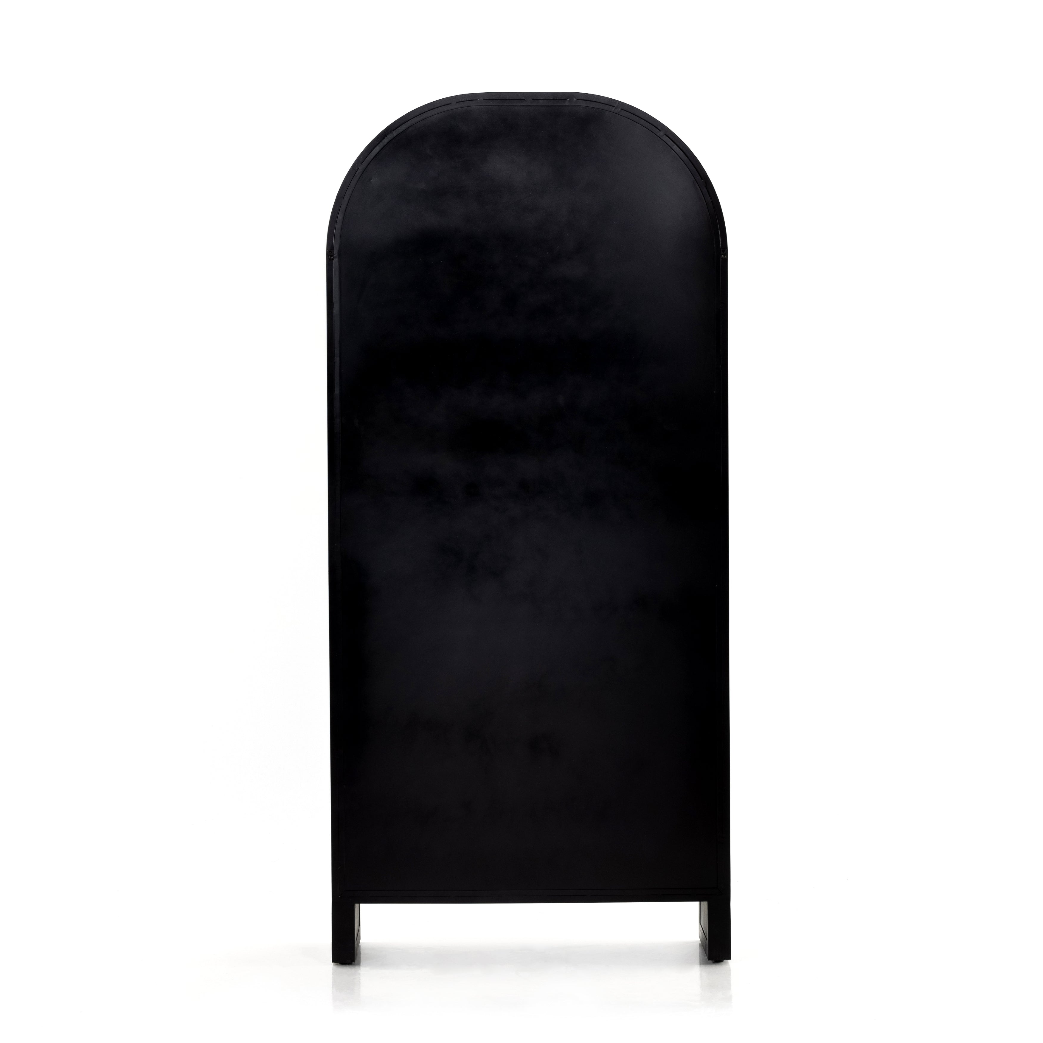 Store it in style with this Breya Cabinet - Black. Made from black-finished iron, beautifully arched cabinetry features glass-front doors, ideal for storing and displaying favorite books, photos, keepsakes, and more.  Overall Dimensions: 40.00"w x 16.25"d x 86.75"h