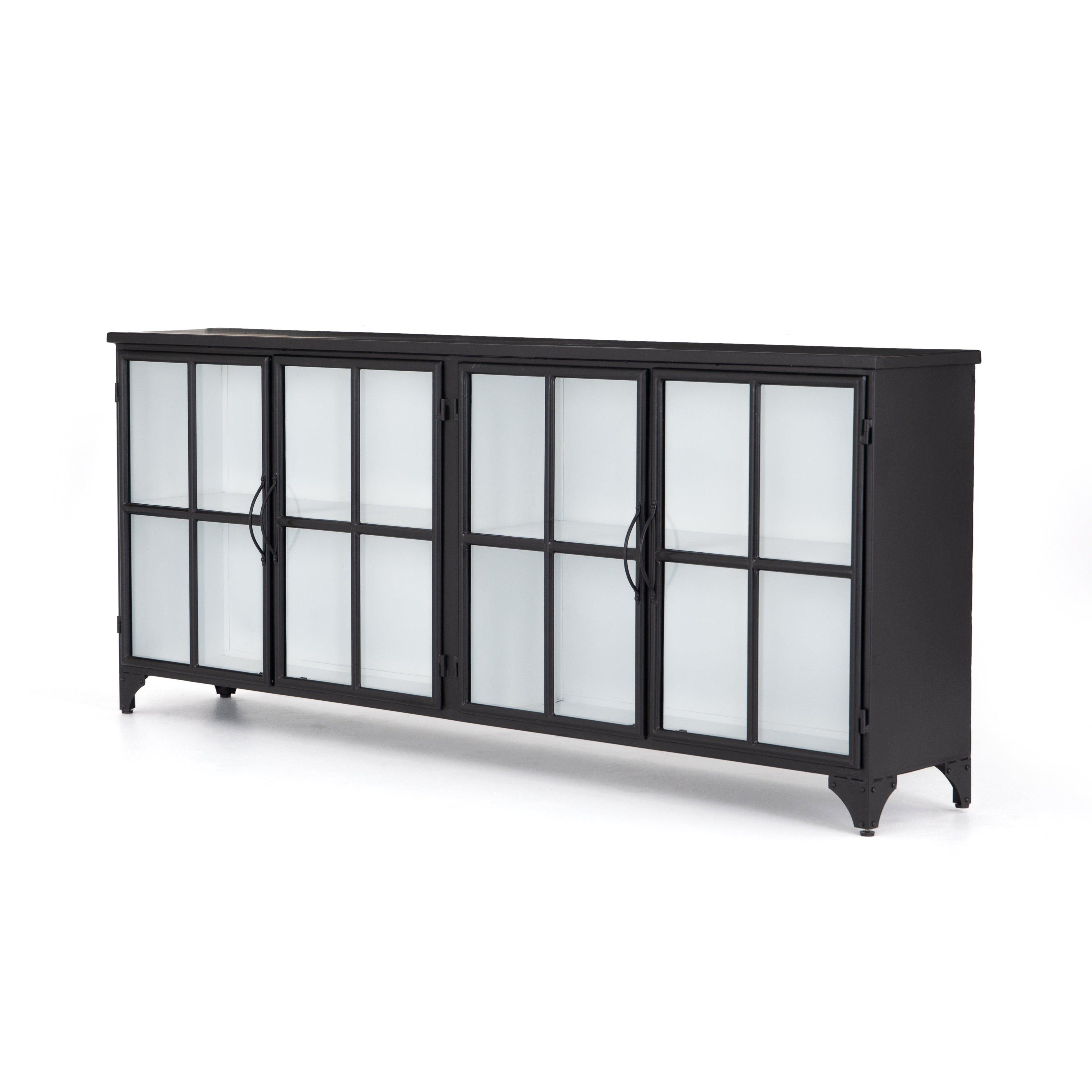 Featuring Camila Sideboard by Four Hands at Amethyst Home. A black iron frame with windowpane detail contrasts a stark white interior for an updated take on the traditional media console. Open-front glass doors and ample shelving maximize storage and display options.
Overall Dimensions: 94.50"W x 16"L x 39.50"HColors: Tempered Glass, Painted White, BlackMater.  Amethyst Home provides interior design, new home construction design consulting, vintage area rugs, and lighting in the Dallas metro area.