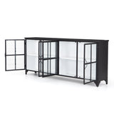 Featuring Camila Sideboard by Four Hands at Amethyst Home. A black iron frame with windowpane detail contrasts a stark white interior for an updated take on the traditional media console. Open-front glass doors and ample shelving maximize storage and display options.
Overall Dimensions: 94.50"W x 16"L x 39.50"HColors: Tempered Glass, Painted White, BlackM.  Amethyst Home provides interior design, new home construction design consulting, vintage area rugs, and lighting in the Alpharetta metro area.