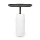 Featuring Cronos End Table - Polished White Marble by Four Hands at Amethyst Home. Simply sophisticated with this Cronos End Table - Polished White Marble. Finished in a polished white, a solid turned marble base supports a tray-style tabletop of grey-hammered iron, spurring beautifully eye-catching contrast for any living room or bedroom. 
Overall Dimensions.  Amethyst Home provides interior design, new home construction design consulting, vintage area rugs, and lighting in the Boston metro area.