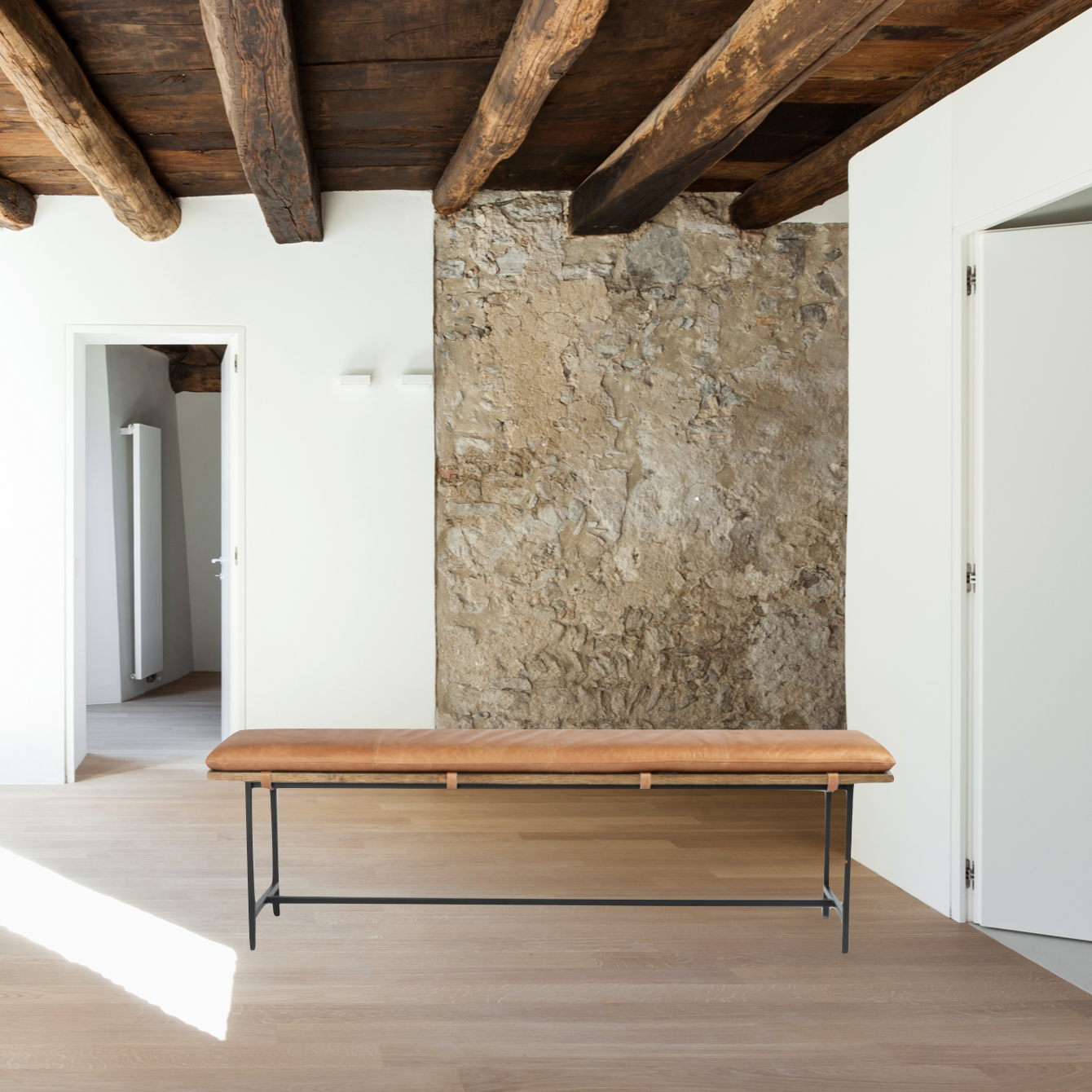 Featuring Gabine Accent Bench - Brandy by Four Hands at Amethyst Home. Airy, black-finished iron legs support a nettlewood dining bench of a chic, comfy layer of brandy top-grain leather on this Gabine Accent Bench - Brandy. A handsome piece to add to any bedroom, living room, or entryway. 
Overall Dimensions: 72"W x 18"L x 22"H
Colors: Midnight Iron, Toasted.  Amethyst Home provides interior design, new home construction design consulting, vintage area rugs, and lighting in the Austin metro area.