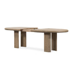 Featuring Jaylen Extension Dining Table - Yucca Oak by Four Hands at Amethyst Home. The rounded edges of this Jaylen Extension Dining Table - Yucca Oak are so dreamy. Made from solid oak with an oak veneer, this both a kid friendly and beautiful table to add to any dining room or kitchen area! The extension piece is self-storing and allows entertainment perf.  Amethyst Home provides interior design, new home construction design consulting, vintage area rugs, and lighting in the Houston metro area.