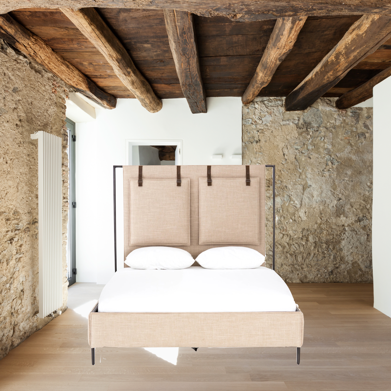 Featuring Leigh Upholstered Bed - Palm Ecru by Four Hands at Amethyst Home. Safari styling gets a modern reboot with this Leigh Upholstered Bed. Linen-blend upholstery of neutral taupe lays a texture-rich base for a forward-thinking bedroom look. Brown leather straps secure decorative headboard pillows, suspended for eye-catching effect. Box spring required.
Q.  Amethyst Home provides interior design, new home construction design consulting, vintage area rugs, and lighting in the Miami metro area.