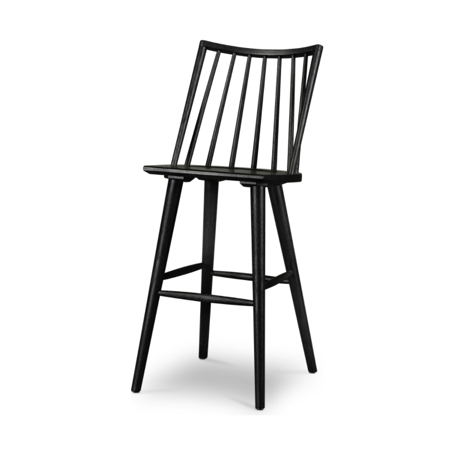 Featuring Lewis Windsor Bar + Counter Stool - Black Oak by Four Hands at Amethyst Home. A clean, modern take on the traditional Windsor. This tall and beautiful Windsor Bar Stool is wire-brushed to highlight the cathedral grain of black oak.
Bar Stool Overall Dimensions: 18.25"W x 20.25"L x 44.25"HSeat Depth: 16.50"Seat Height: 29"
Counter Stool Overall Dimens.  Amethyst Home provides interior design, new home construction design consulting, vintage area rugs, and lighting in the Omaha metro area.