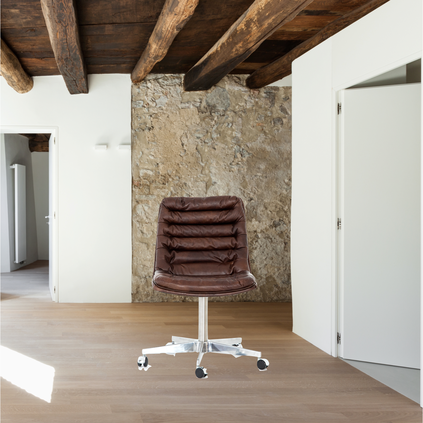 Featuring Malibu Desk Chair - Antique Whiskey by Four Hands at Amethyst Home. Paired back and fashion-forward, this minimalist desk chair in a dark chestnut top-grain leather offers maximum comfort. Inspired by workspaces of the ‘50s and ‘60s. Stainless steel casters make for stylish ease in the workplace. Height not adjustable.
Overall Dimensions: 20.75"W x 2.  Amethyst Home provides interior design, new home construction design consulting, vintage area rugs, and lighting in the Miami metro area.