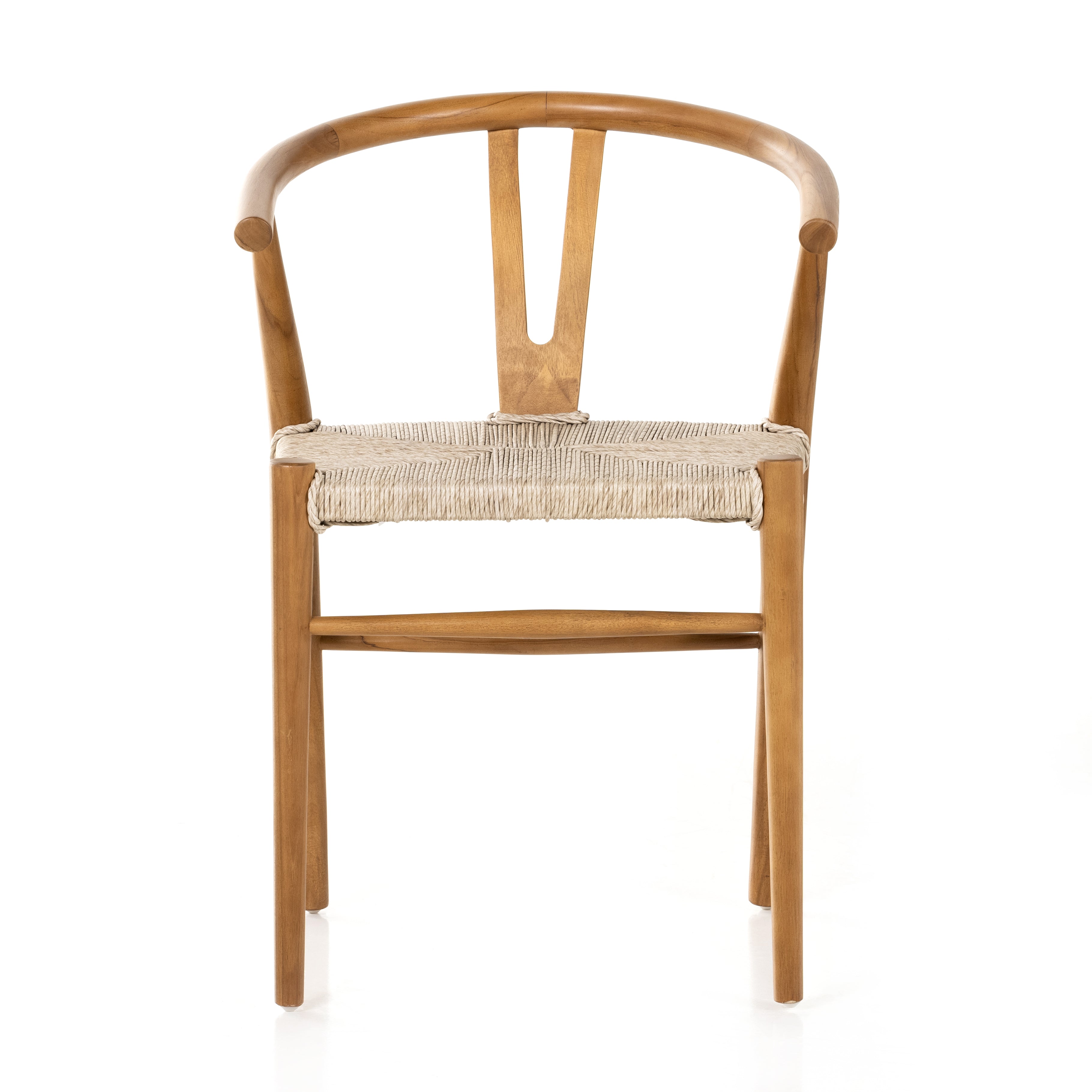 Featuring Muestra Dining Chair - Natural Teak by Four Hands at Amethyst Home. Modern curves redefine classic wishbone seating in this Muestra Dining Chair - Natural Teak. Vintage white all-weather wicker is woven for a dose of fresh texture against a neutral frame of natural teak. Cover or store indoors during inclement weather and when not in use.
Overall .  Amethyst Home provides interior design, new home construction design consulting, vintage area rugs, and lighting in the Monterey metro area.