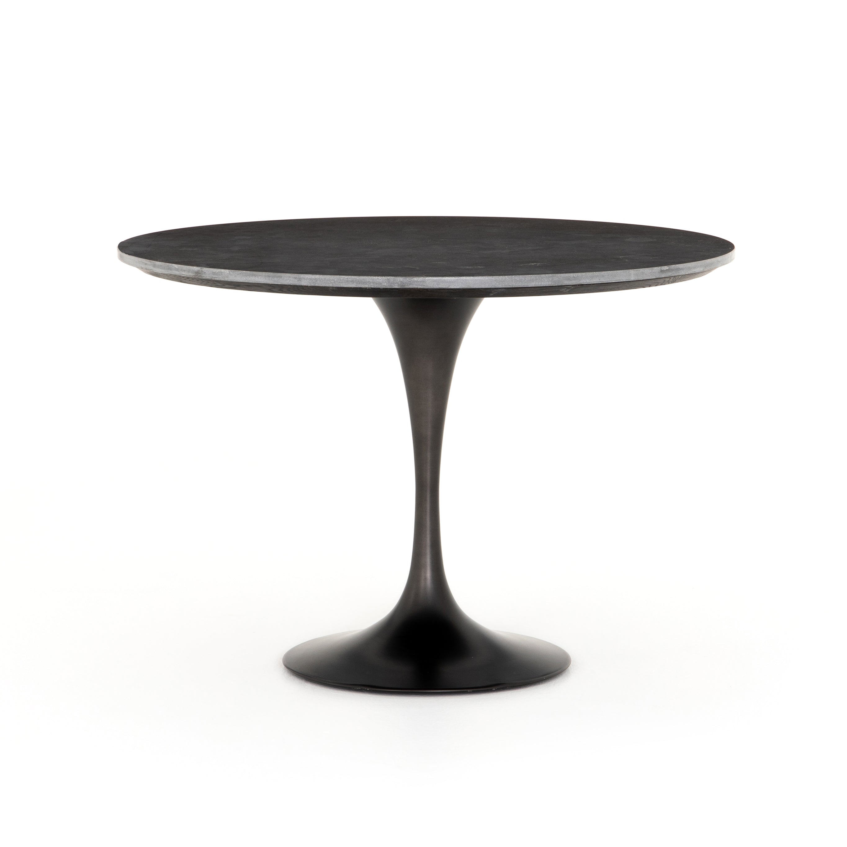 Featuring Powell 42" Dining Table - Bluestone by Four Hands at Amethyst Home. We love the classic tulip shape of this Powell 42" Dining Table - Bluestone. This bistro style table is perfectly sized for a cozy breakfast nook.
Overall Dimensions: 42"W x 42"L x 30"H
Colors: Dark Rustic Black, Ebony, BluestoneMaterials: Iron, Solid Oak, BluestoneWeight: 163.14 .  Amethyst Home provides interior design, new home construction design consulting, vintage area rugs, and lighting in the Monterey metro area.