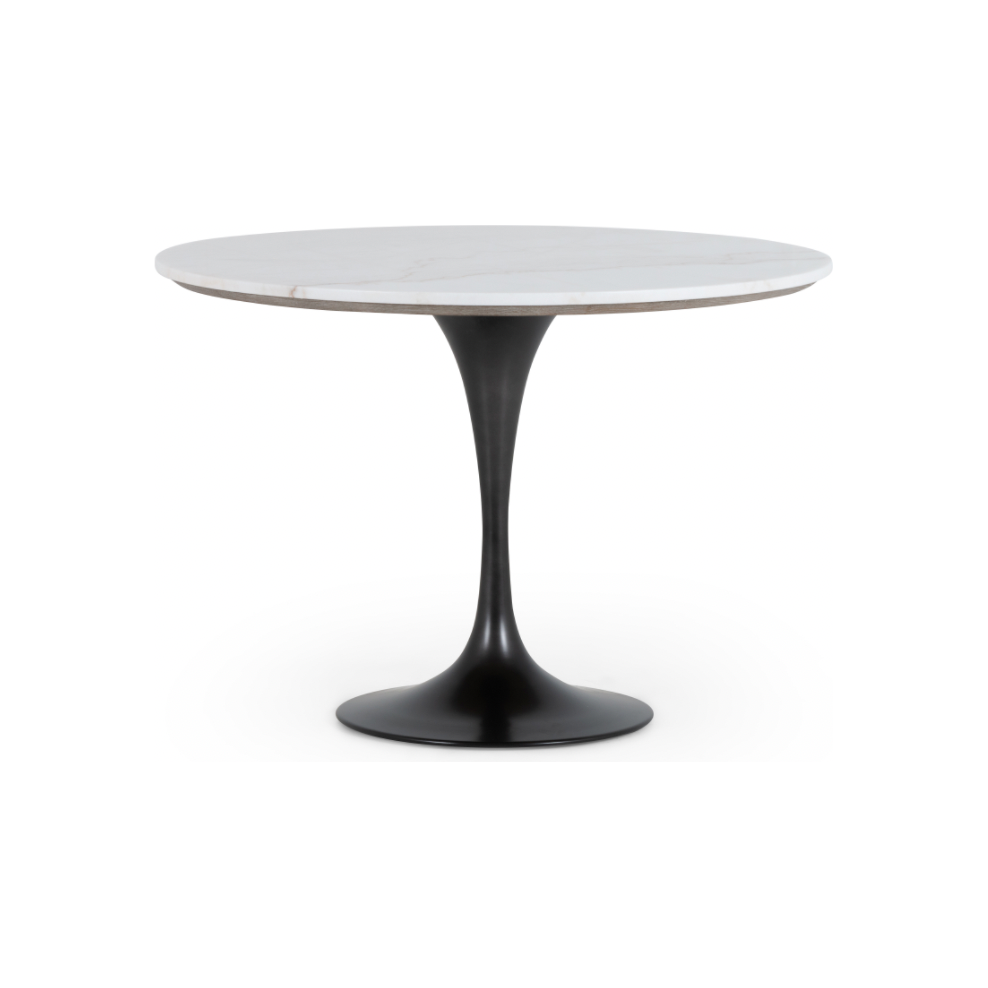 Featuring Powell 42" Dining Table - White Marble by Four Hands at Amethyst Home. We love the mixed materials found in this Powell Dining Table - White Marble. Classic tulip shaping is recast with a rustic black iron base and rounded top of white marble - a perfect addition to any dining room or kitchen! 
Overall Dimensions: 42"W x 42"L x 29.50"H
Colors. Amethyst Home provides interior design, new home construction design consulting, vintage area rugs, and lighting in the Salt Lake City metro area.