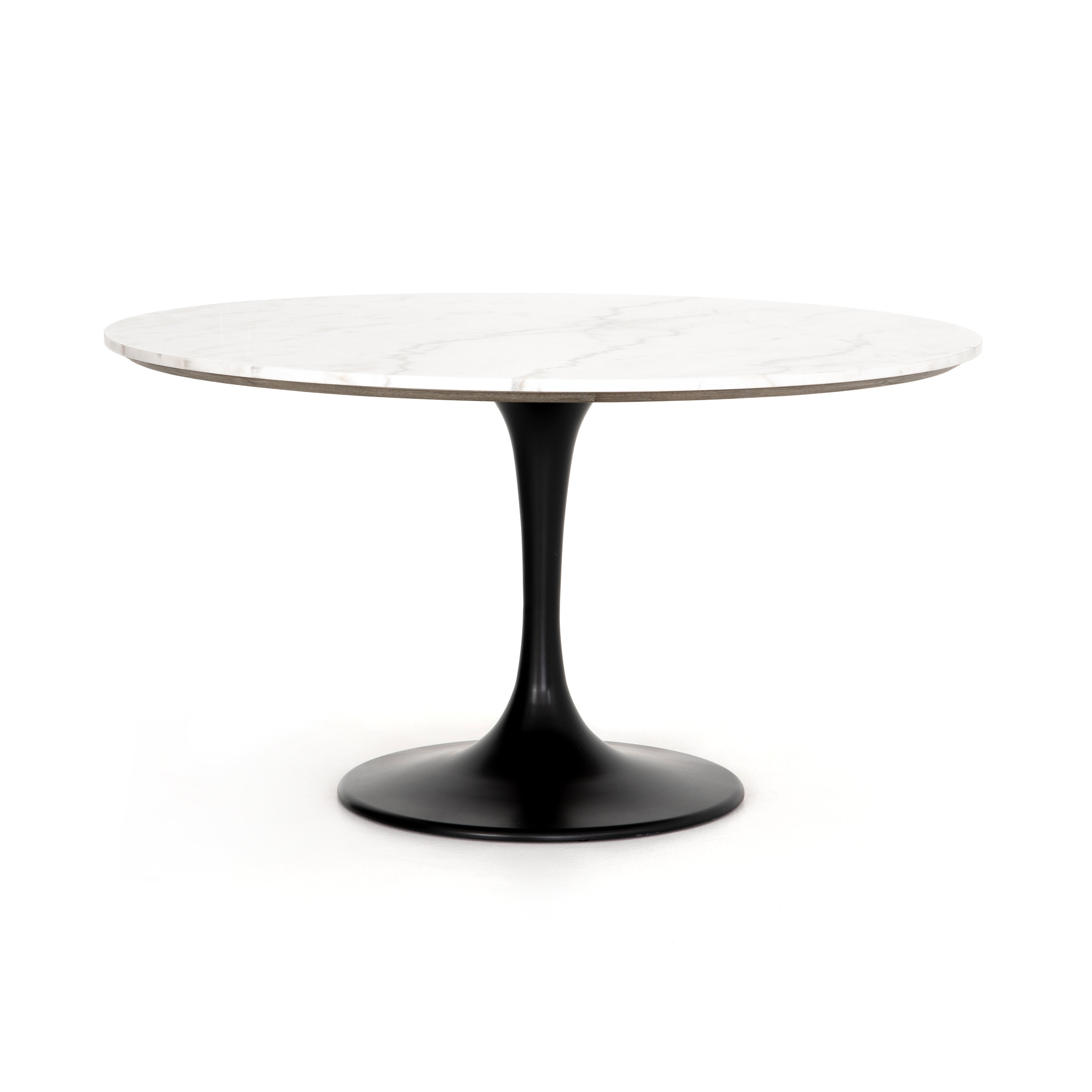 Featuring Powell 55" Dining Table - White Marble by Four Hands at Amethyst Home. We love the mixed materials found in this Powell Dining Table - White Marble. Classic tulip shaping is recast with a rustic black iron base and rounded top of white marble - a perfect addition to any dining room or kitchen! 
Overall Dimensions: 55"W x 55"L x 29.50"H
Colors: D.  Amethyst Home provides interior design, new home construction design consulting, vintage area rugs, and lighting in the Alpharetta metro area.