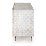 Featuring Rio Media Console - Round Cut White Wash by Four Hands at Amethyst Home. We love the texture of this Rio Media Console - Round Cut White Wash. Made from solid mango with spacious interior shelving and a rear cutout for card management, this is a beautiful piece to add to any living room or entertainment area. 
Overall Dimensions: 82"W x 18.25"L x 28".  Amethyst Home provides interior design, new home construction design consulting, vintage area rugs, and lighting in the Miami metro area.