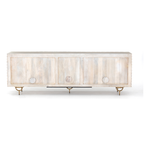 Featuring Rio Media Console - Round Cut White Wash by Four Hands at Amethyst Home. We love the texture of this Rio Media Console - Round Cut White Wash. Made from solid mango with spacious interior shelving and a rear cutout for card management, this is a beautiful piece to add to any living room or entertainment area. 
Overall Dimensions: 82"W x 18.25"L x 28".  Amethyst Home provides interior design, new home construction design consulting, vintage area rugs, and lighting in the Miami metro area.