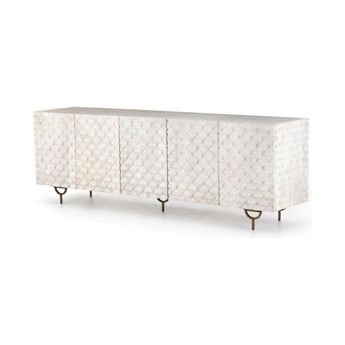 Featuring Rio Media Console - Round Cut White Wash by Four Hands at Amethyst Home. We love the texture of this Rio Media Console - Round Cut White Wash. Made from solid mango with spacious interior shelving and a rear cutout for card management, this is a beautiful piece to add to any living room or entertainment area. 
Overall Dimensions: 82"W x 18.25"L x.  Amethyst Home provides interior design, new home construction design consulting, vintage area rugs, and lighting in the Calabasas metro area.