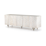 Featuring Rio Media Console - Round Cut White Wash by Four Hands at Amethyst Home. We love the texture of this Rio Media Console - Round Cut White Wash. Made from solid mango with spacious interior shelving and a rear cutout for card management, this is a beautiful piece to add to any living room or entertainment area. 
Overall Dimensions: 82"W x 18.25"L x.  Amethyst Home provides interior design, new home construction design consulting, vintage area rugs, and lighting in the Calabasas metro area.