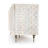 Featuring Rio Media Console - Round Cut White Wash by Four Hands at Amethyst Home. We love the texture of this Rio Media Console - Round Cut White Wash. Made from solid mango with spacious interior shelving and a rear cutout for card management, this is a beautiful piece to add to any living room or entertainment area. 
Overall Dimensions: 82"W x 18.25"L x.  Amethyst Home provides interior design, new home construction design consulting, vintage area rugs, and lighting in the Nashville metro area.