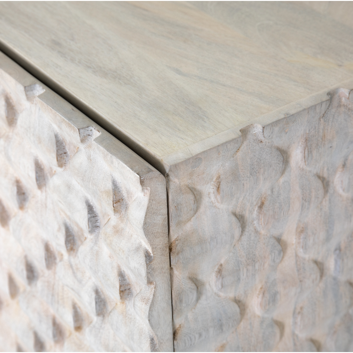 Featuring Rio Media Console - Round Cut White Wash by Four Hands at Amethyst Home. We love the texture of this Rio Media Console - Round Cut White Wash. Made from solid mango with spacious interior shelving and a rear cutout for card management, this is a beautiful piece to add to any living room or entertainment area. 
Overall Dimensions: 82"W x 18.25"L x 2.  Amethyst Home provides interior design, new home construction design consulting, vintage area rugs, and lighting in the Seattle metro area.