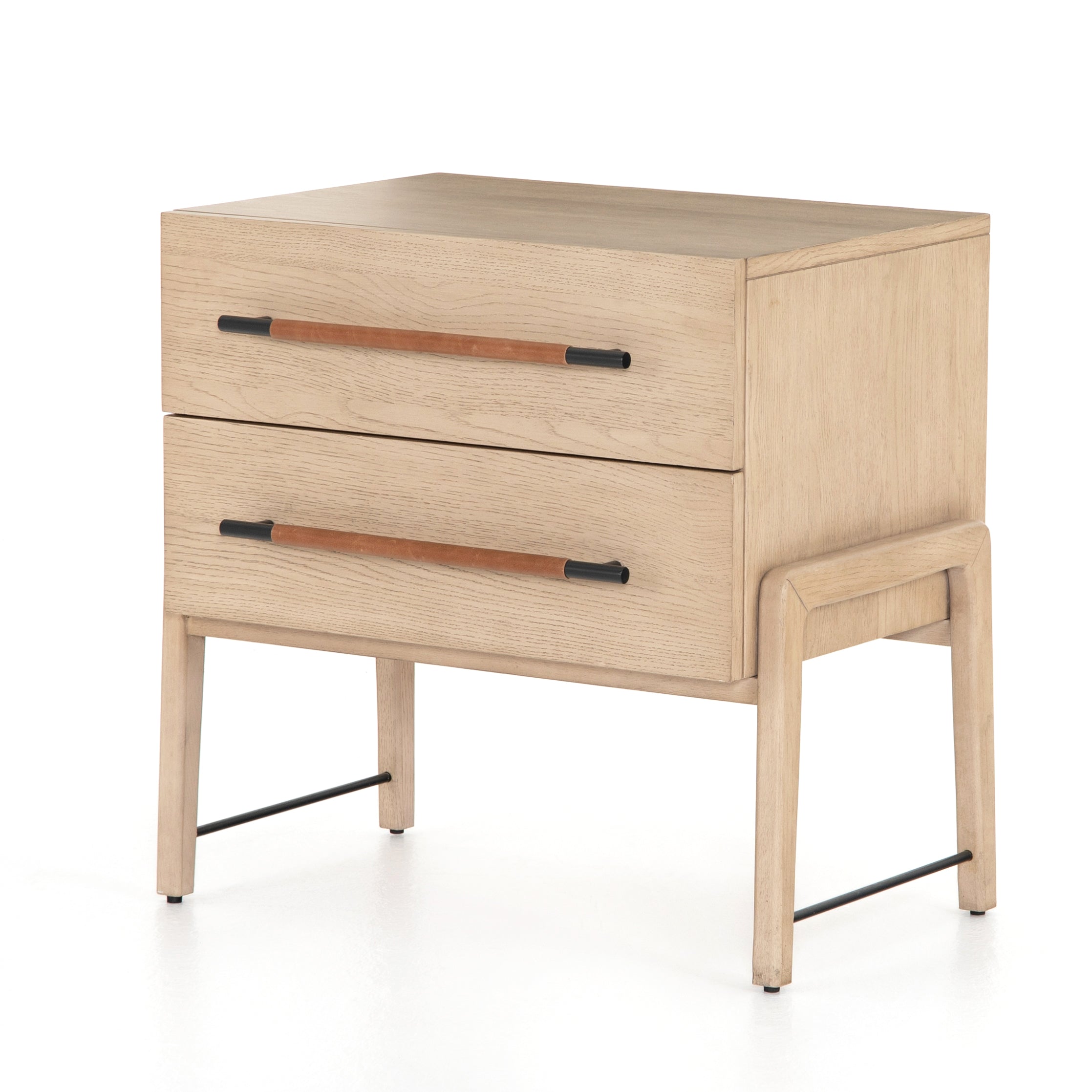 Featuring Rosedale Nightstand by Four Hands at Amethyst Home. The light-finished oak of this Rosedale Nightstand brings a clean, brightness to any room. We love how the two spacious drawers have iron hardware wrapped in a gorgeous, tan leather. The dimension legs with iron connecting them bring a unique look to your bedroom or other area!
Overall Dimensions: .  Amethyst Home provides interior design, new home construction design consulting, vintage area rugs, and lighting in the Dallas metro area.