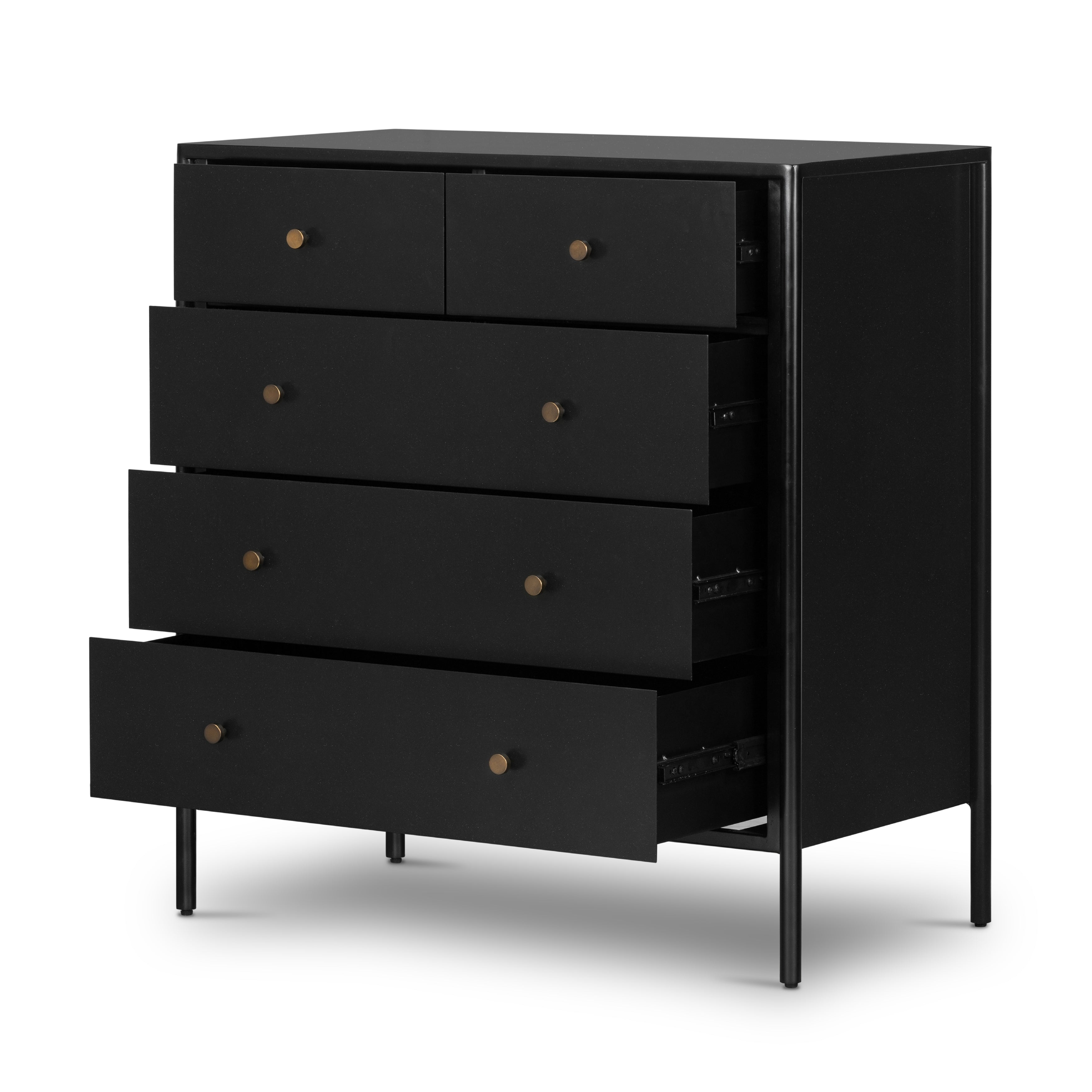Featuring Soto 5 Drawer Dresser - Black by Four Hands at Amethyst Home. Bring a clean, beautifully industrial look to the bedroom with this Soto 5 Drawer Dresser - Black!  The roomy five-drawer dresser is made from black-finished iron, featuring bronzed iron hardware to elevate the look of any bedroom!
Overall Dimensions: 36"W x 19"L x 38.50"H
Colors: Blac.  Amethyst Home provides interior design, new home construction design consulting, vintage area rugs, and lighting in the Calabasas metro area.